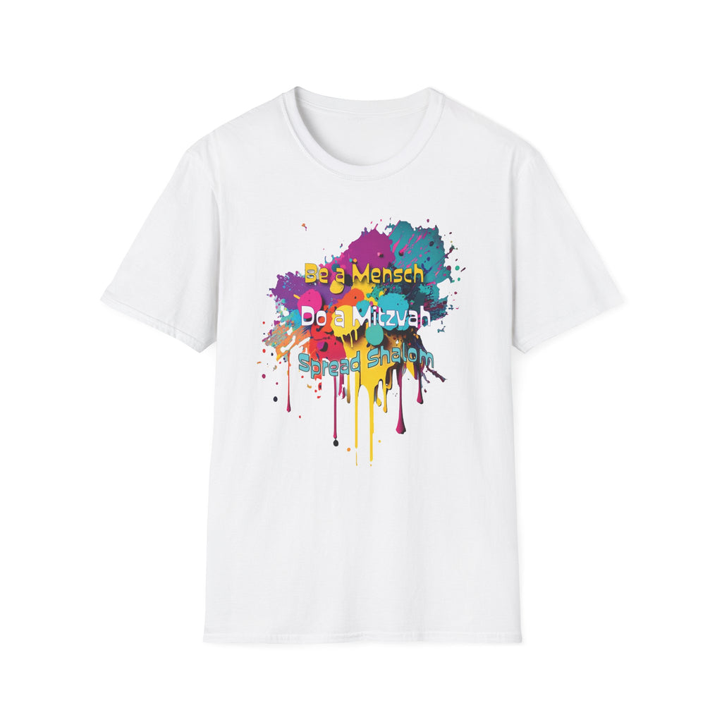 T-Shirt — Colorful "Be a Mensch, Do a Mitzvah" Splatter Tee for Jewish Celebrations