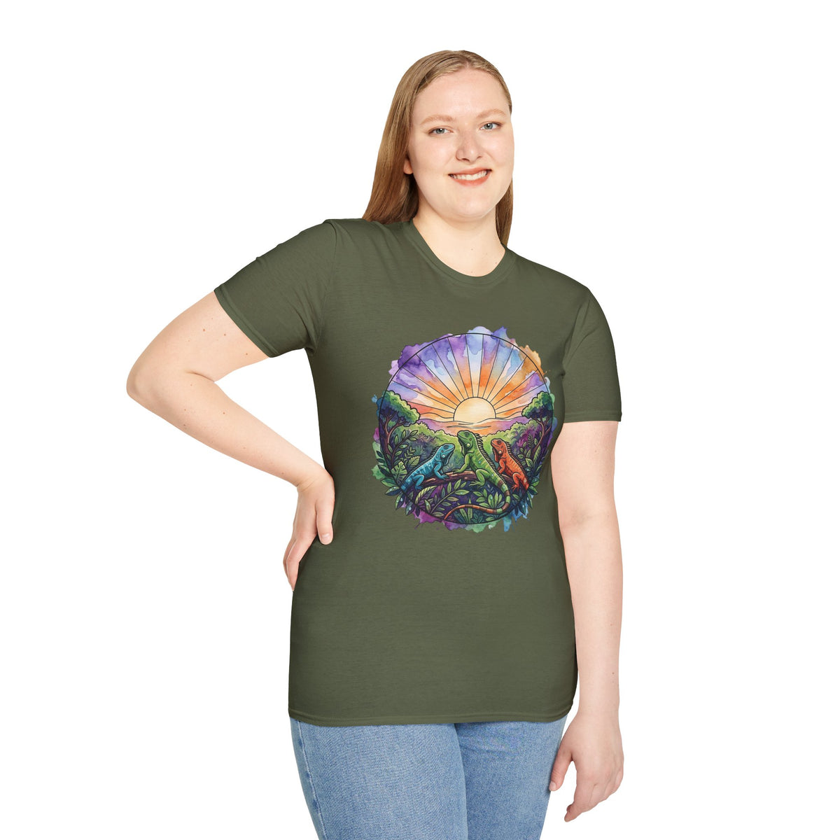 Sunrise Iguanas T-Shirt — Colorful Mountain Sunrise with Forest Trail