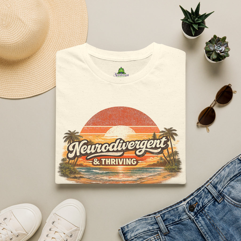 Neurodivergent & Thriving Tee — Retro Sunset Palm Graphic T-Shirt