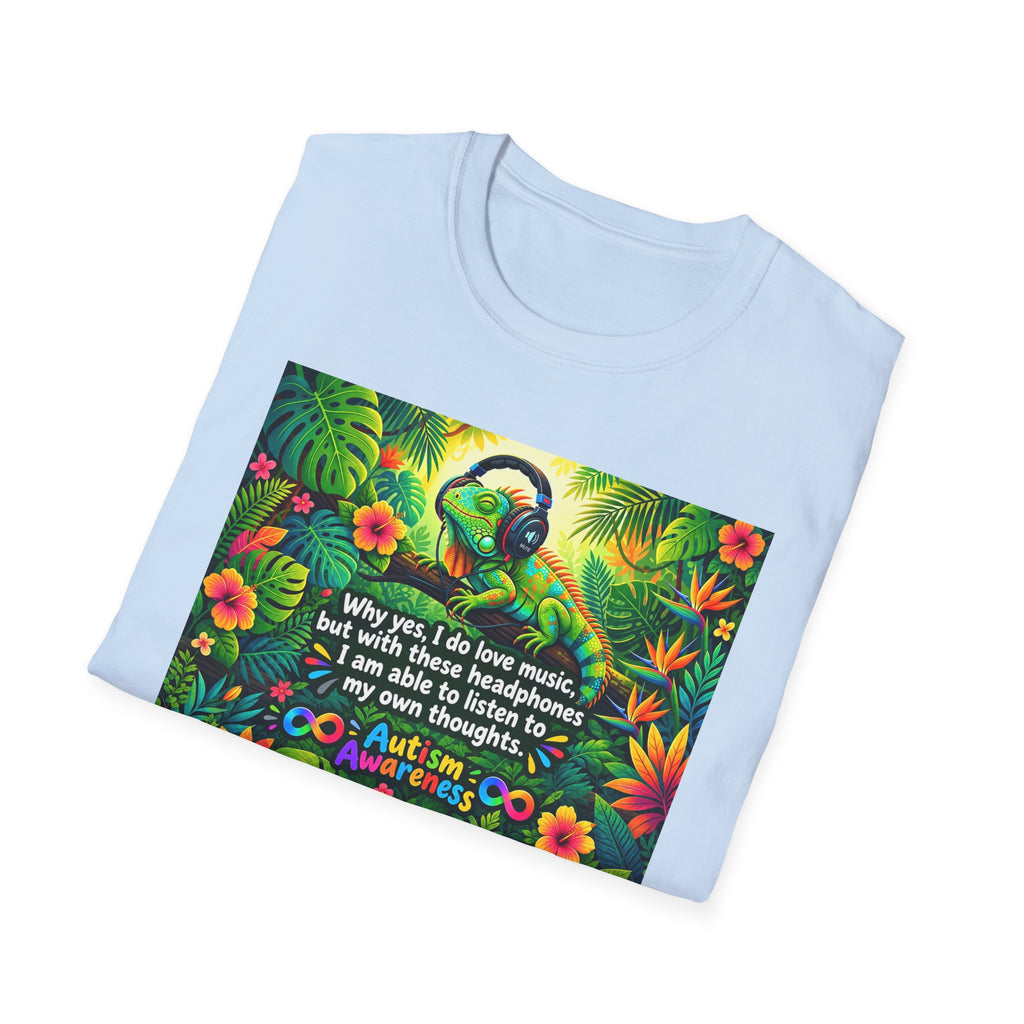 Autism Awareness T-Shirt — 'I Love Music, I Hear Headphones' Floral Design