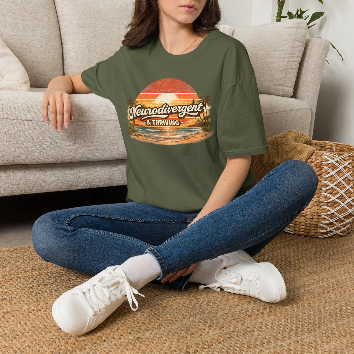 Neurodivergent & Thriving Tee — Retro Sunset Palm Graphic T-Shirt