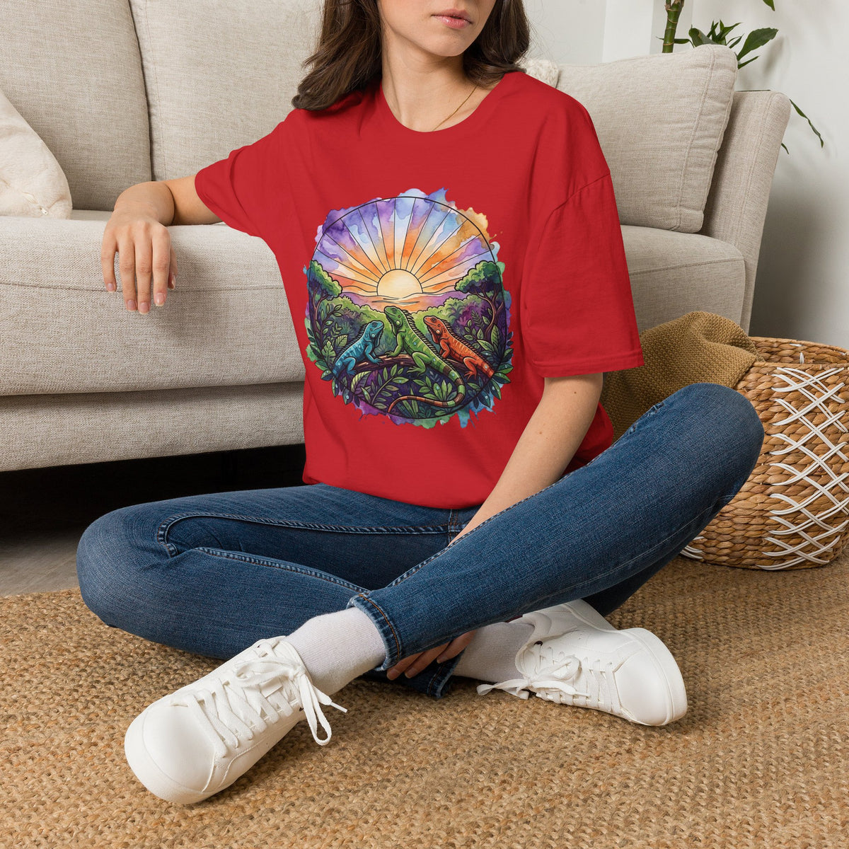 Sunrise Iguanas T-Shirt — Colorful Mountain Sunrise with Forest Trail