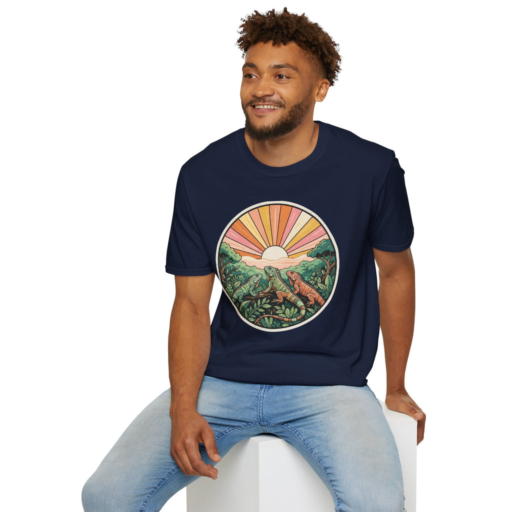 Sunrise Jungle T-Shirt — Retro Tropical Sunset Graphic Tee