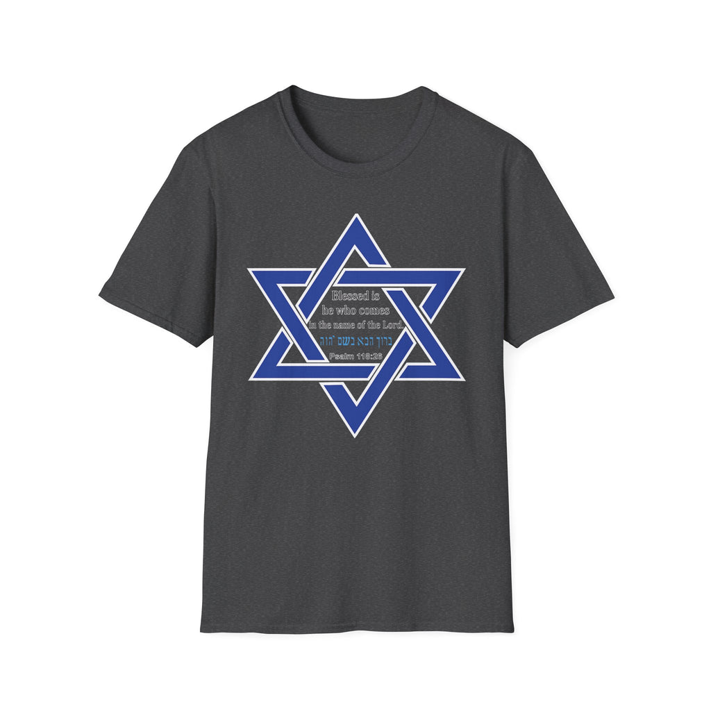 Star of David T-Shirt — "Blessed is he who comes in the name of the Lord" Hebrew Christian Jewish Faith Tee
