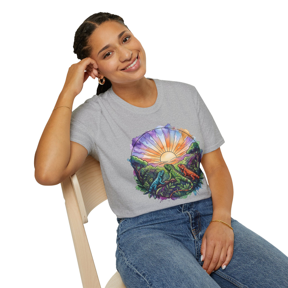 Sunrise Iguanas T-Shirt — Colorful Mountain Sunrise with Forest Trail