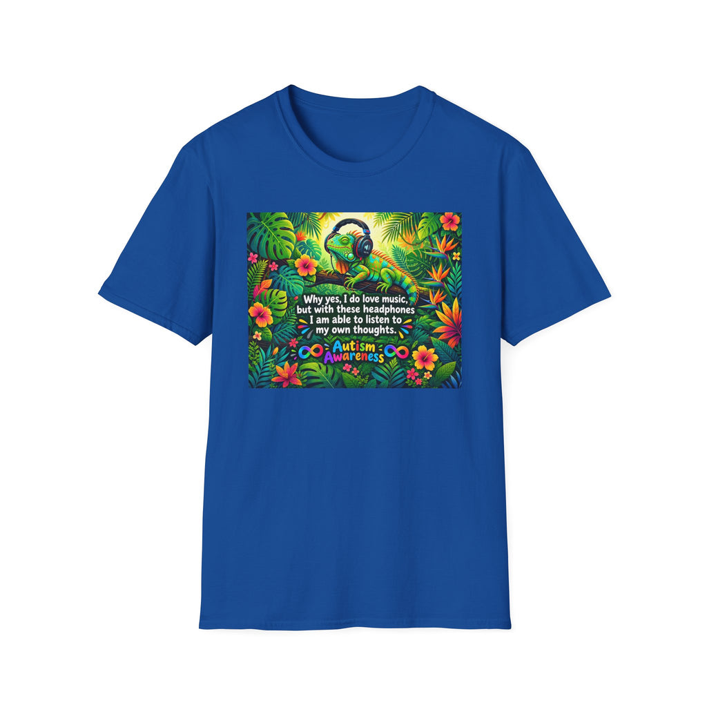 Autism Awareness T-Shirt — 'I Love Music, I Hear Headphones' Floral Design