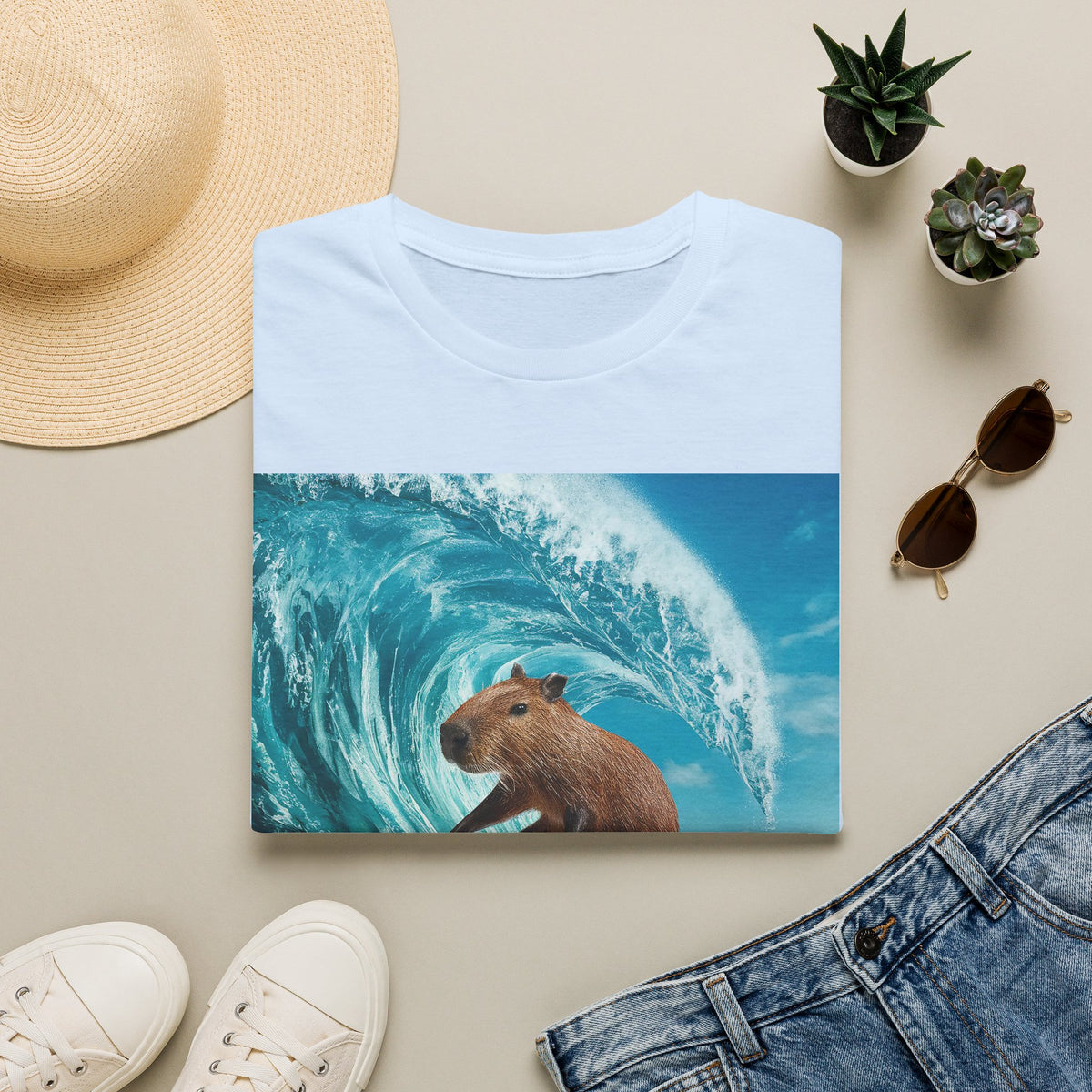 Surfing Capybara T-Shirt — Cute Animal Wave Graphic Tee