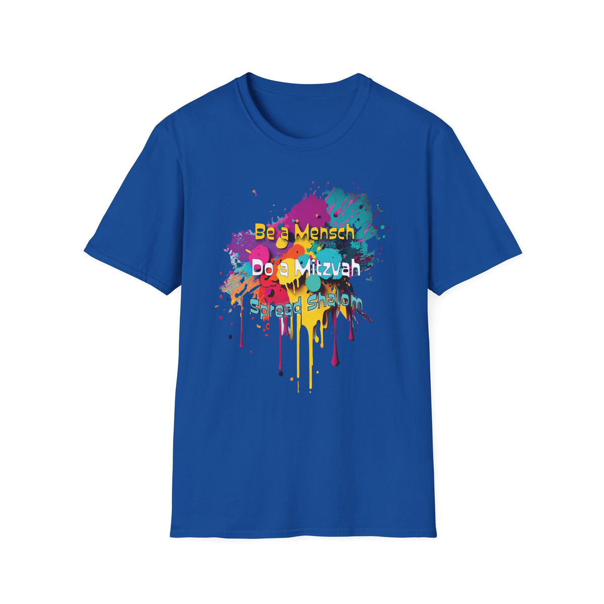 T‑Shirt — “Be a Mensch, Do a Mitzvah” Colorful Splash Bar/Bat Mitzvah Tee