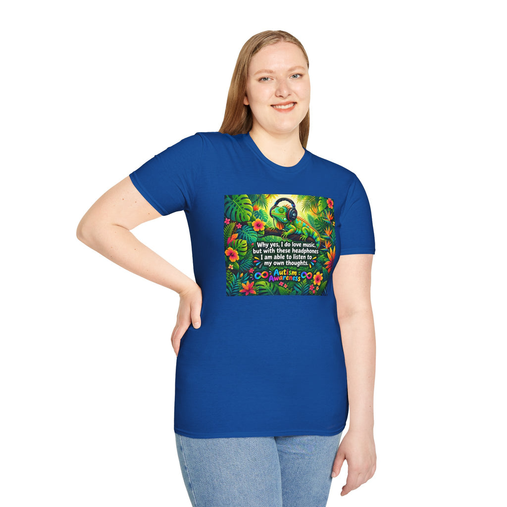 Autism Awareness T-Shirt — 'I Love Music, I Hear Headphones' Floral Design