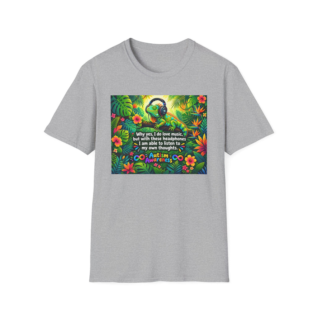 Autism Awareness T-Shirt — 'I Love Music, I Hear Headphones' Floral Design