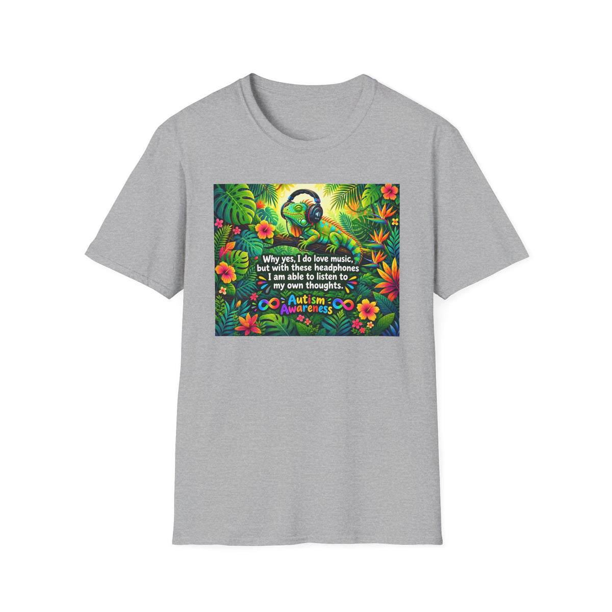 Autism Awareness T-Shirt — 'I Love Music, I Hear Headphones' Floral Design