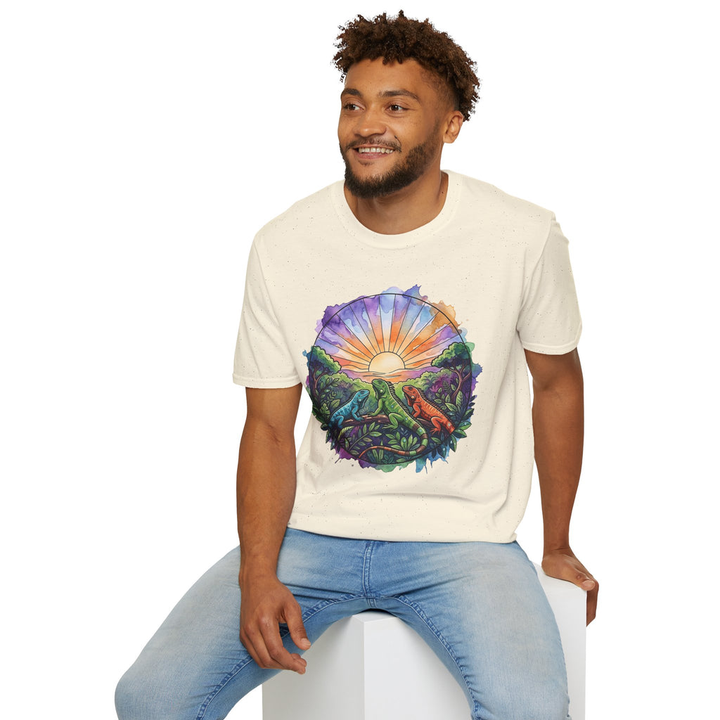 Sunrise Iguanas T-Shirt — Colorful Mountain Sunrise with Forest Trail