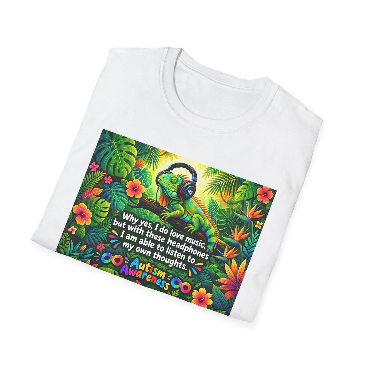 Autism Awareness T-Shirt — 'I Love Music, I Hear Headphones' Floral Design