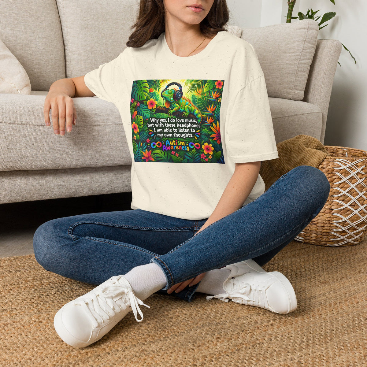 Autism Awareness T-Shirt — 'I Love Music, I Hear Headphones' Floral Design