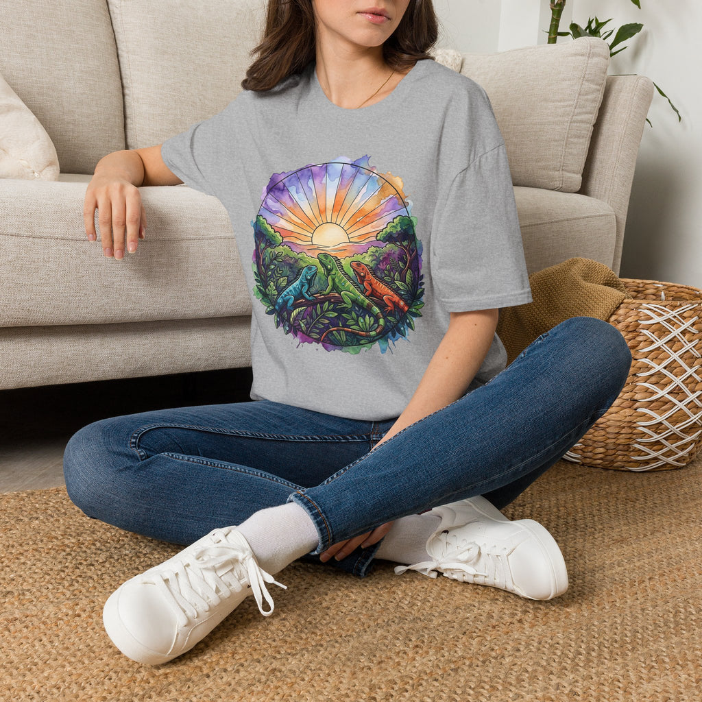 Sunrise Iguanas T-Shirt — Colorful Mountain Sunrise with Forest Trail
