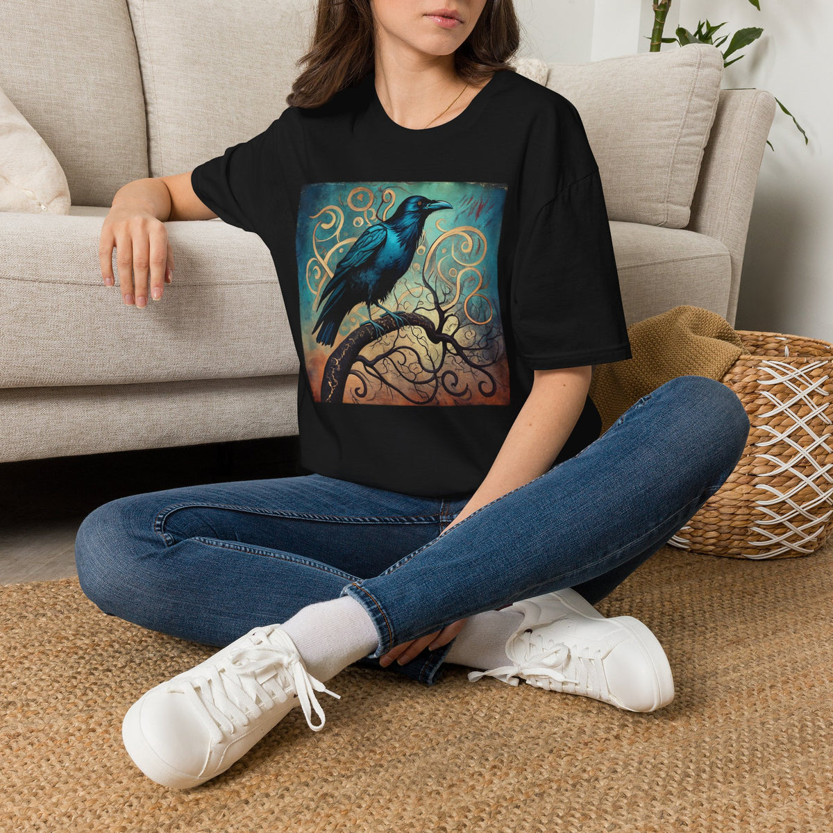 Raven Art T‑Shirt — Mystical Blue Crow Illustration Tee