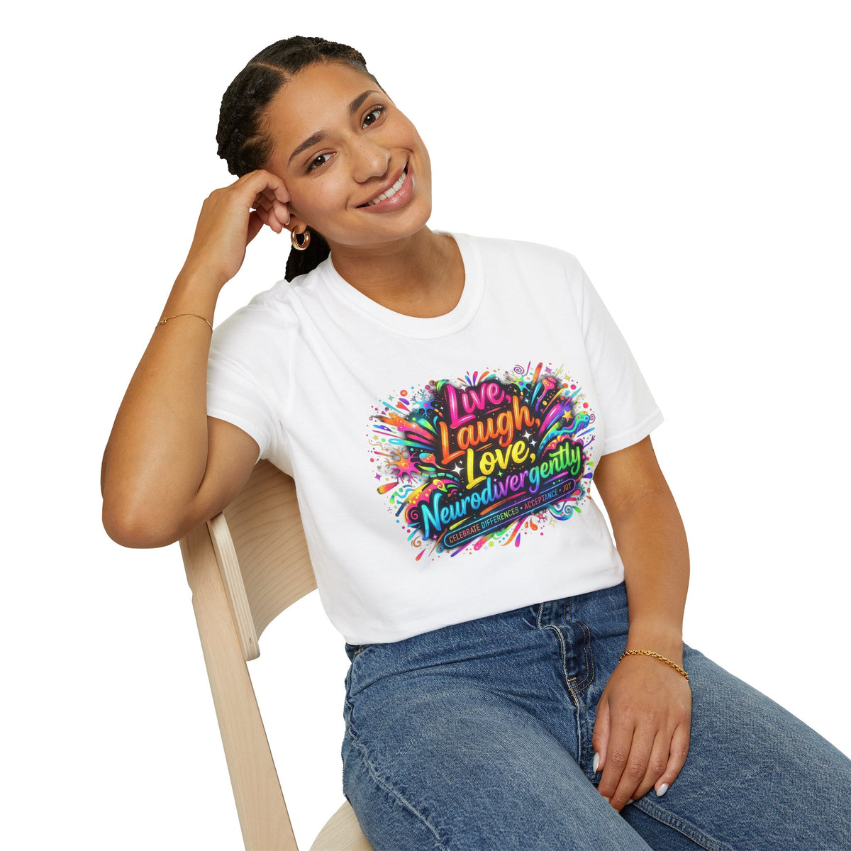 T-Shirt — "Live Laugh Love, Neurodivergently" Rainbow Splatter