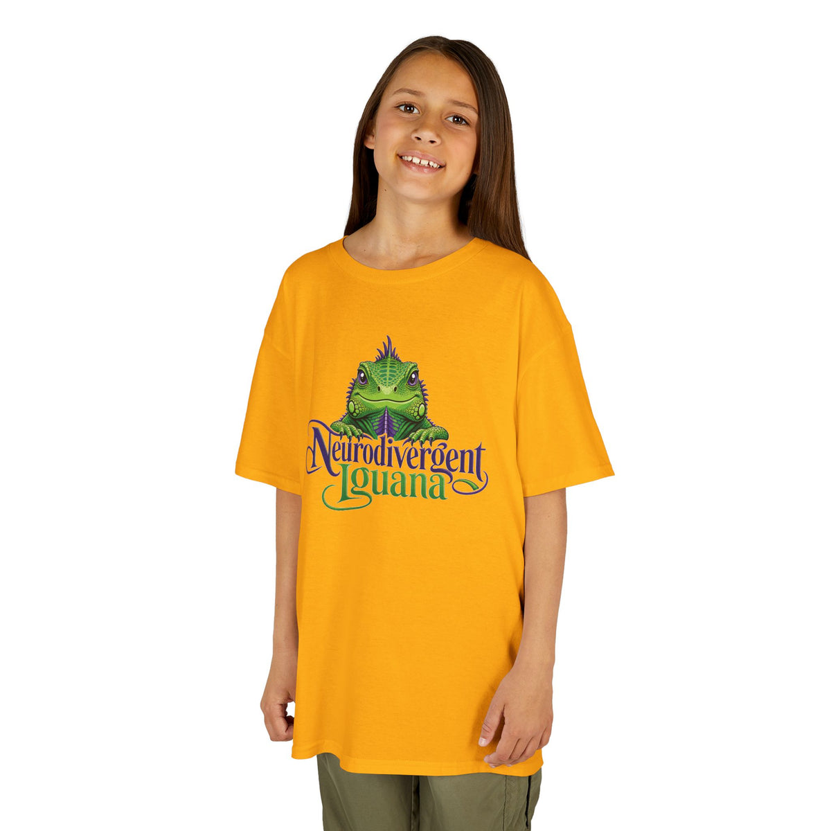 Kids T‑Shirt — “Neurodivergent Iguana” Cute Green Lizard Graphic Tee for Autism Pride & Awareness
