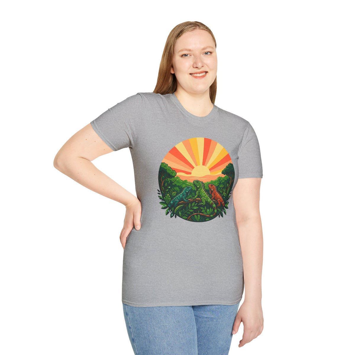Sunrise Jungle T-Shirt — Tropical Iguana Sunset Graphic Tee