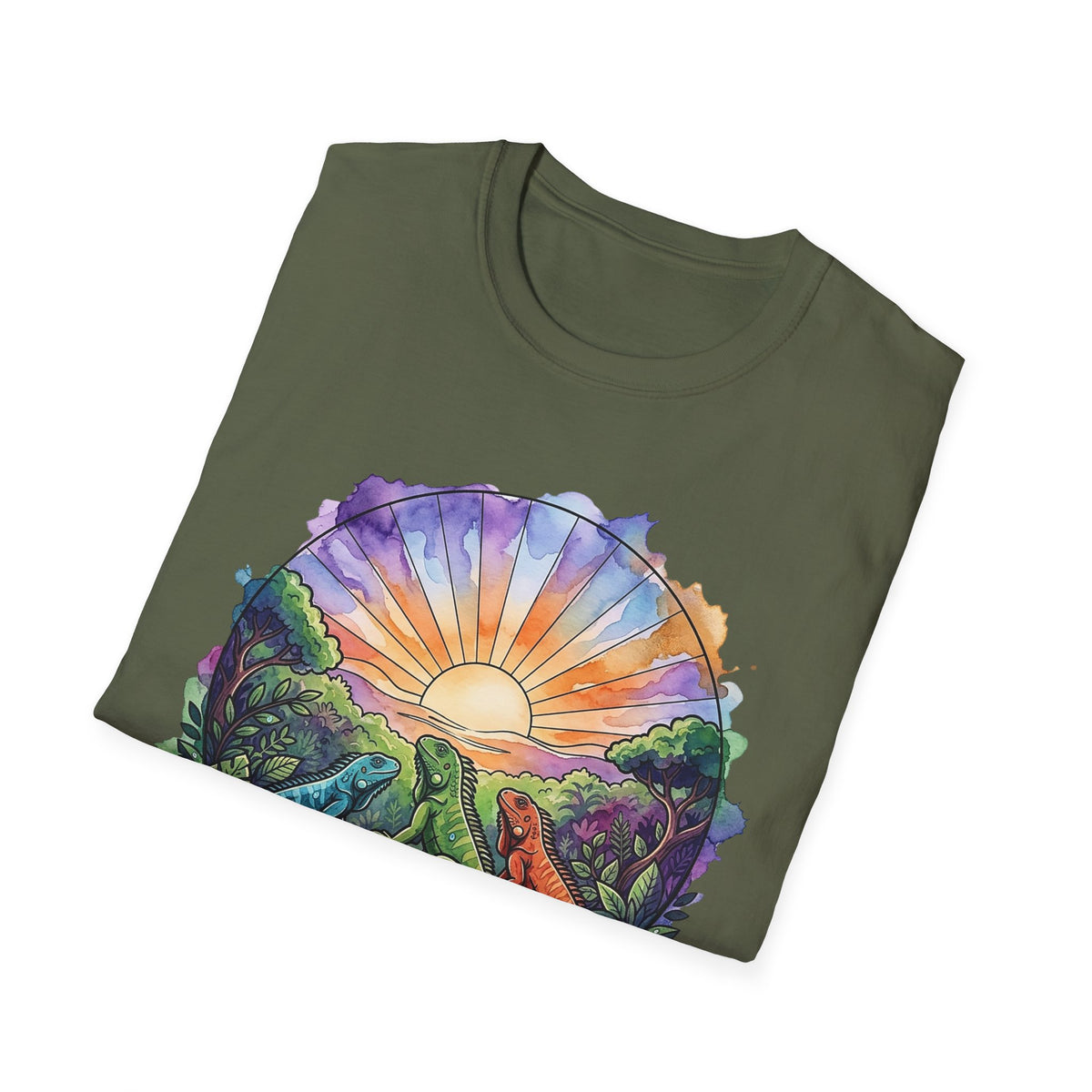 Sunrise Iguanas T-Shirt — Colorful Mountain Sunrise with Forest Trail