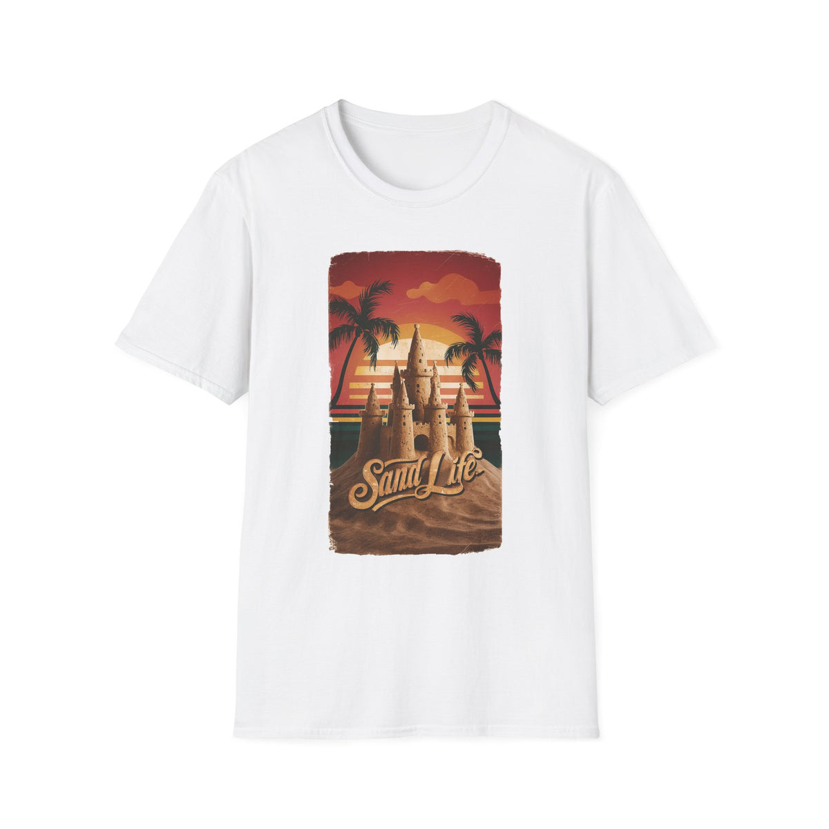 Sand Life T-Shirt — Retro Sunset Palm Beach Sandcastle Tee