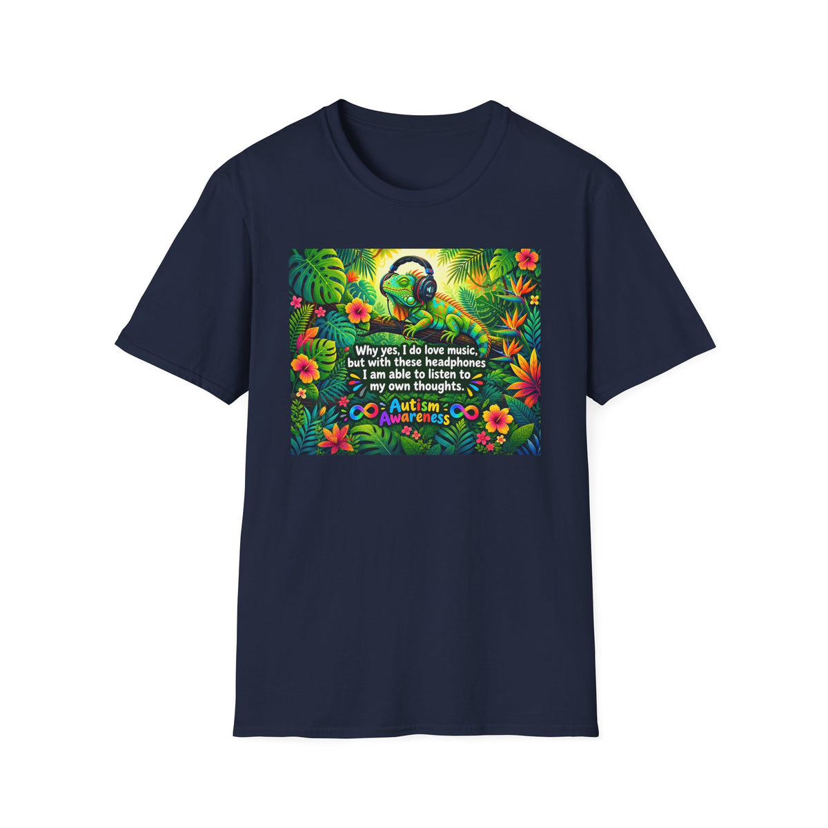 Autism Awareness T-Shirt — 'I Love Music, I Hear Headphones' Floral Design