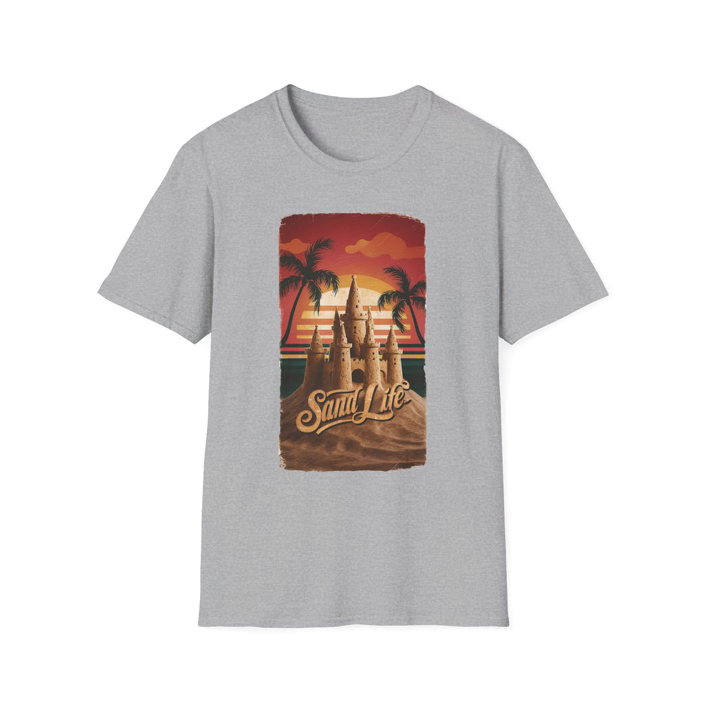 Sand Life T-Shirt — Retro Sunset Palm Beach Sandcastle Tee