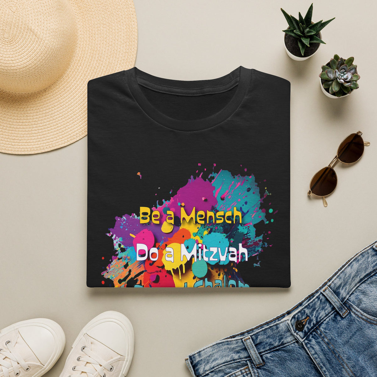 T‑Shirt — “Be a Mensch, Do a Mitzvah” Colorful Splash Bar/Bat Mitzvah Tee