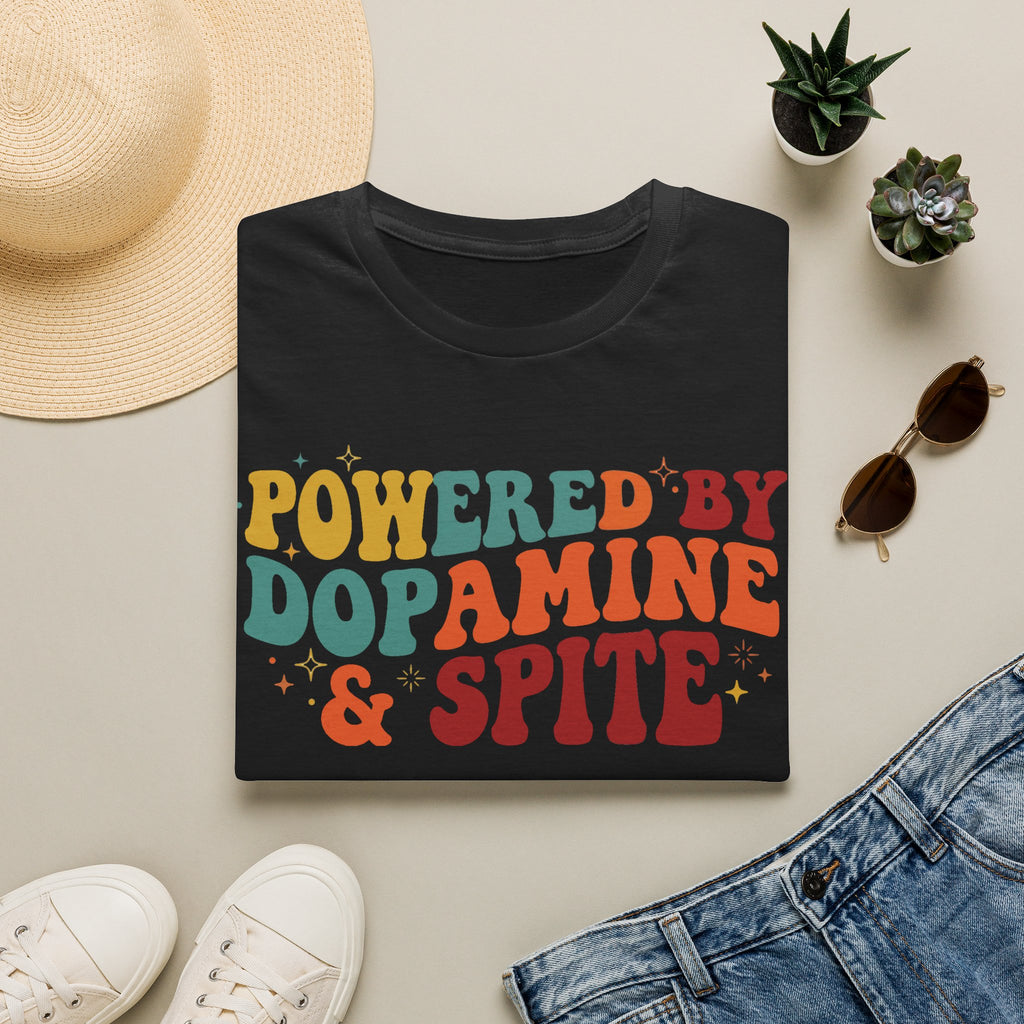Graphic Tee — "Powered by Dopamine & Spite" Retro Colorful Quote Shirt