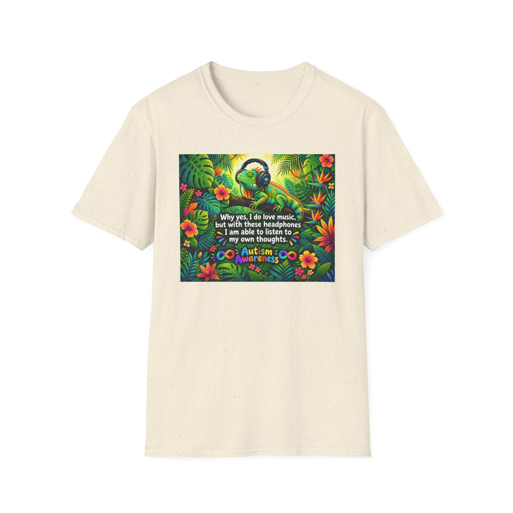 Autism Awareness T-Shirt — 'I Love Music, I Hear Headphones' Floral Design