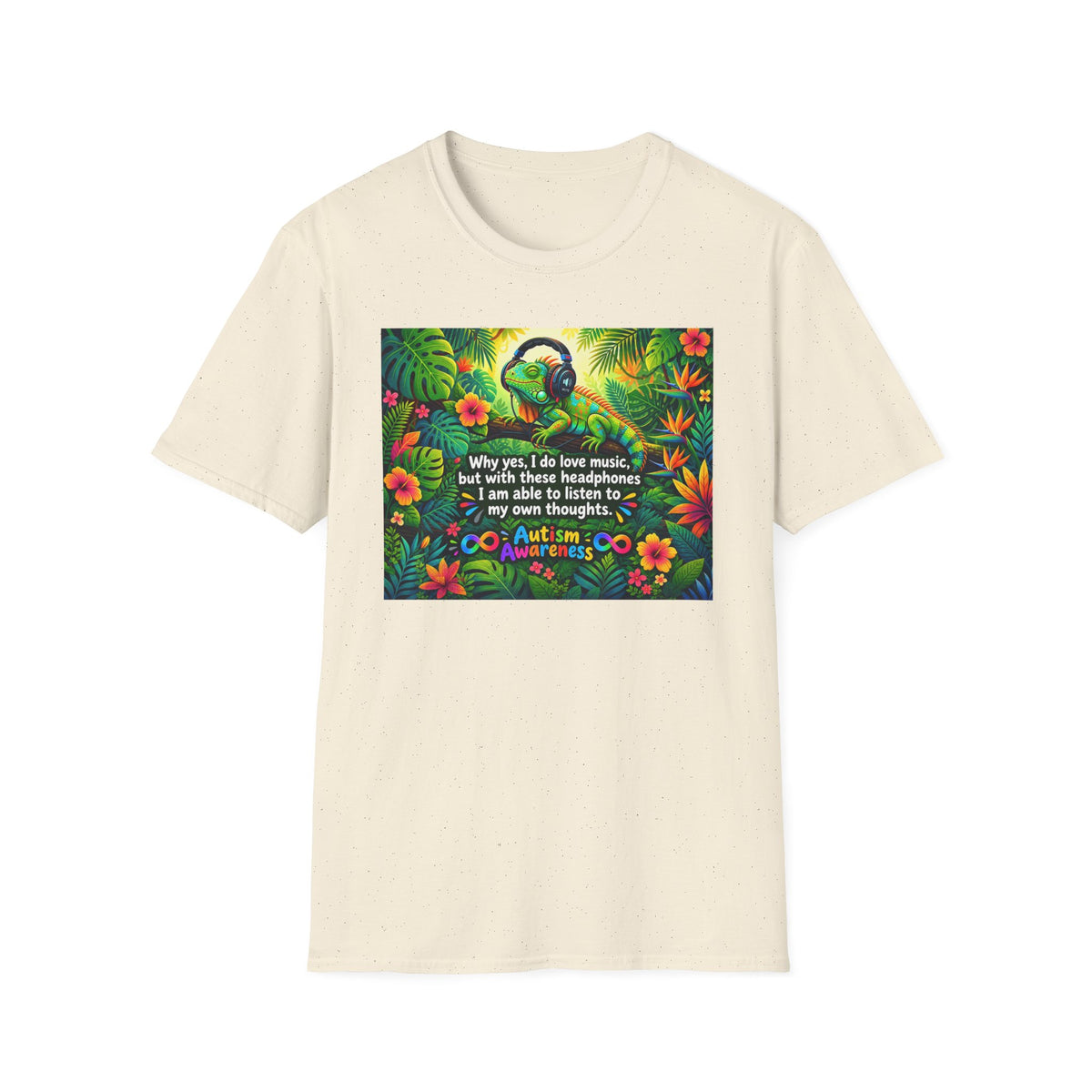 Autism Awareness T-Shirt — 'I Love Music, I Hear Headphones' Floral Design