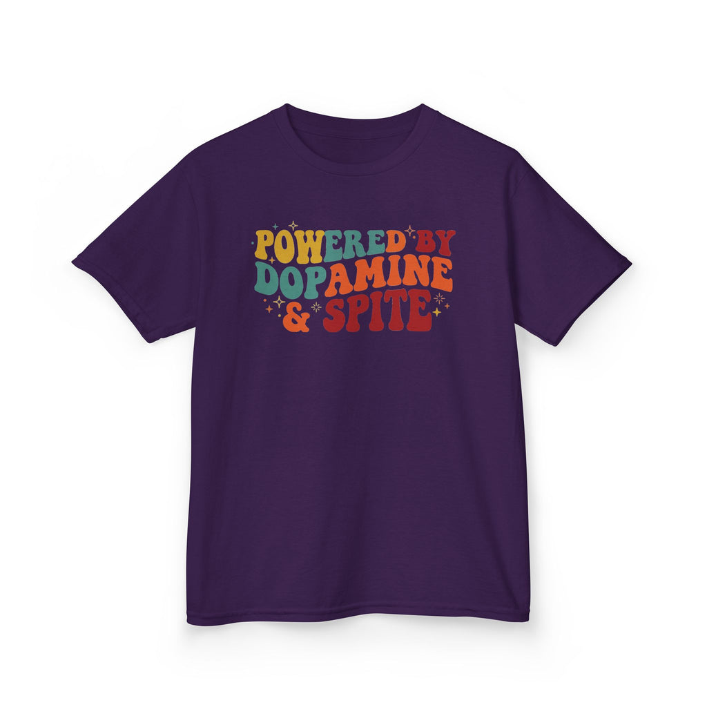 Kids T‑Shirt – "Powered by Dopamine & Spite" Retro Graphic Tee