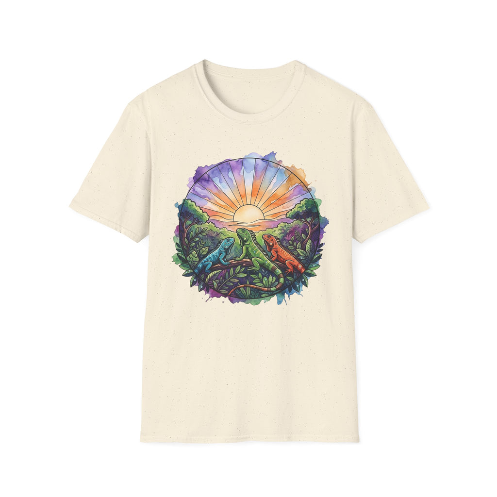 Sunrise Iguanas T-Shirt — Colorful Mountain Sunrise with Forest Trail