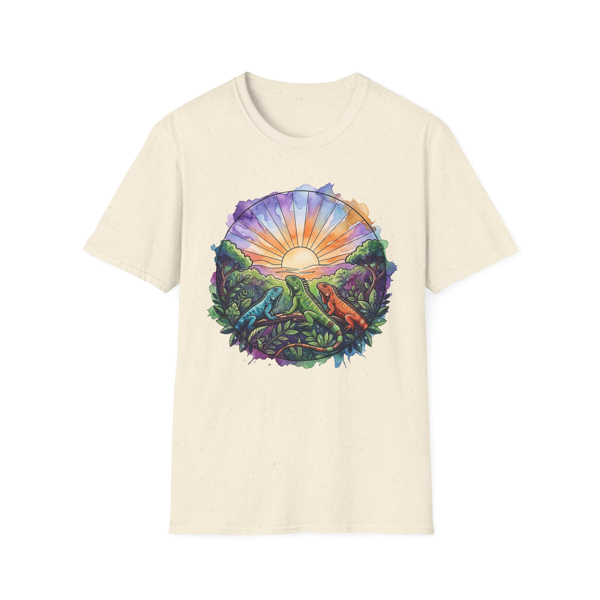 Sunrise Iguanas T-Shirt — Colorful Mountain Sunrise with Forest Trail
