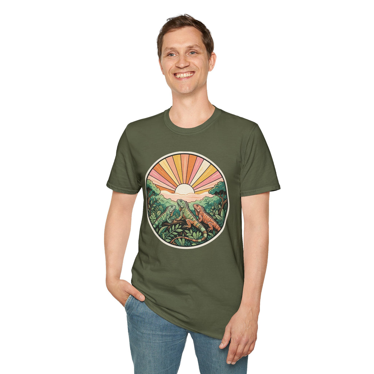 Sunrise Jungle T-Shirt — Retro Tropical Sunset Graphic Tee