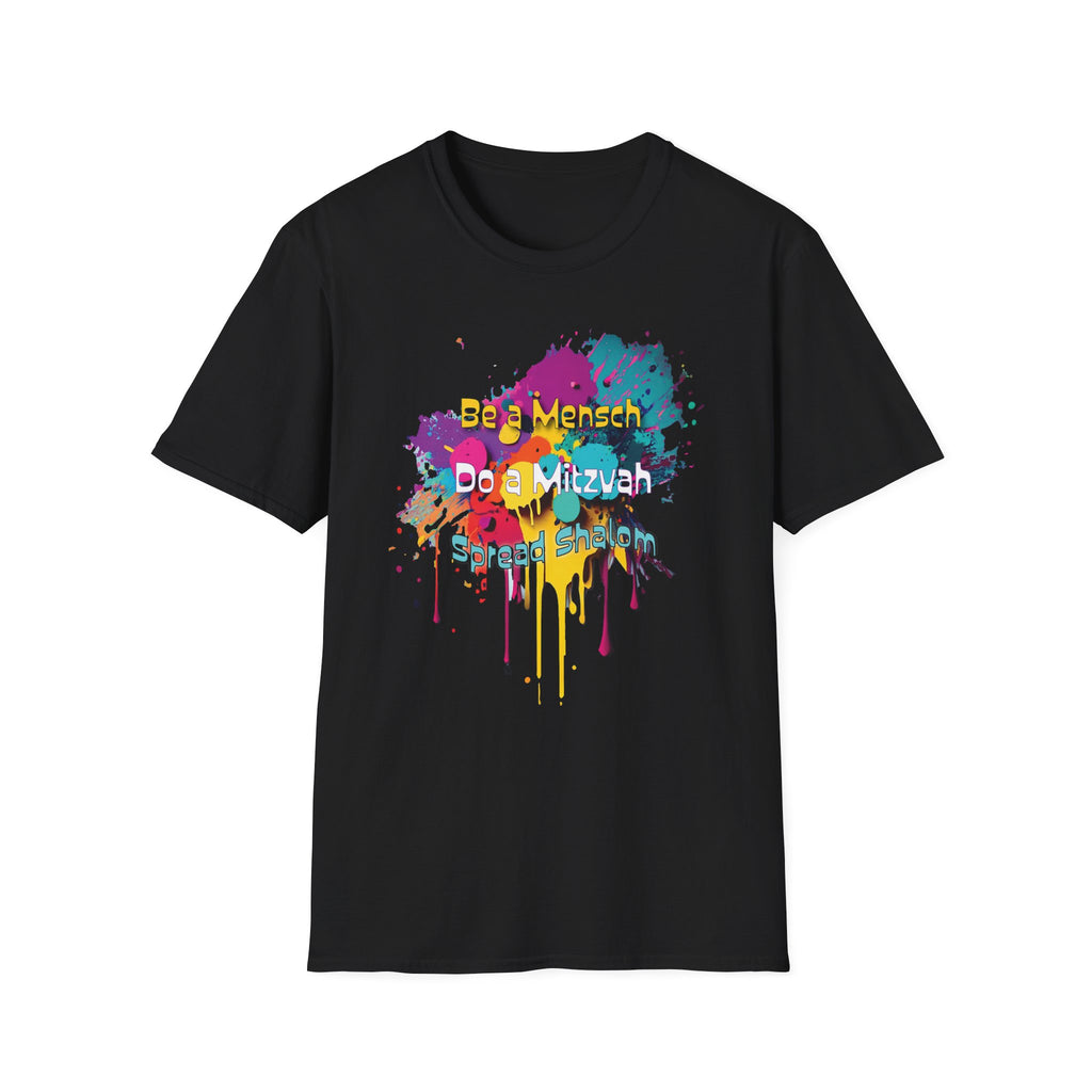T-Shirt — Colorful "Be a Mensch, Do a Mitzvah" Splatter Tee for Jewish Celebrations