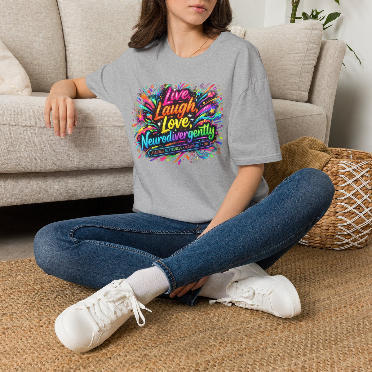 T-Shirt — "Live Laugh Love, Neurodivergently" Rainbow Splatter