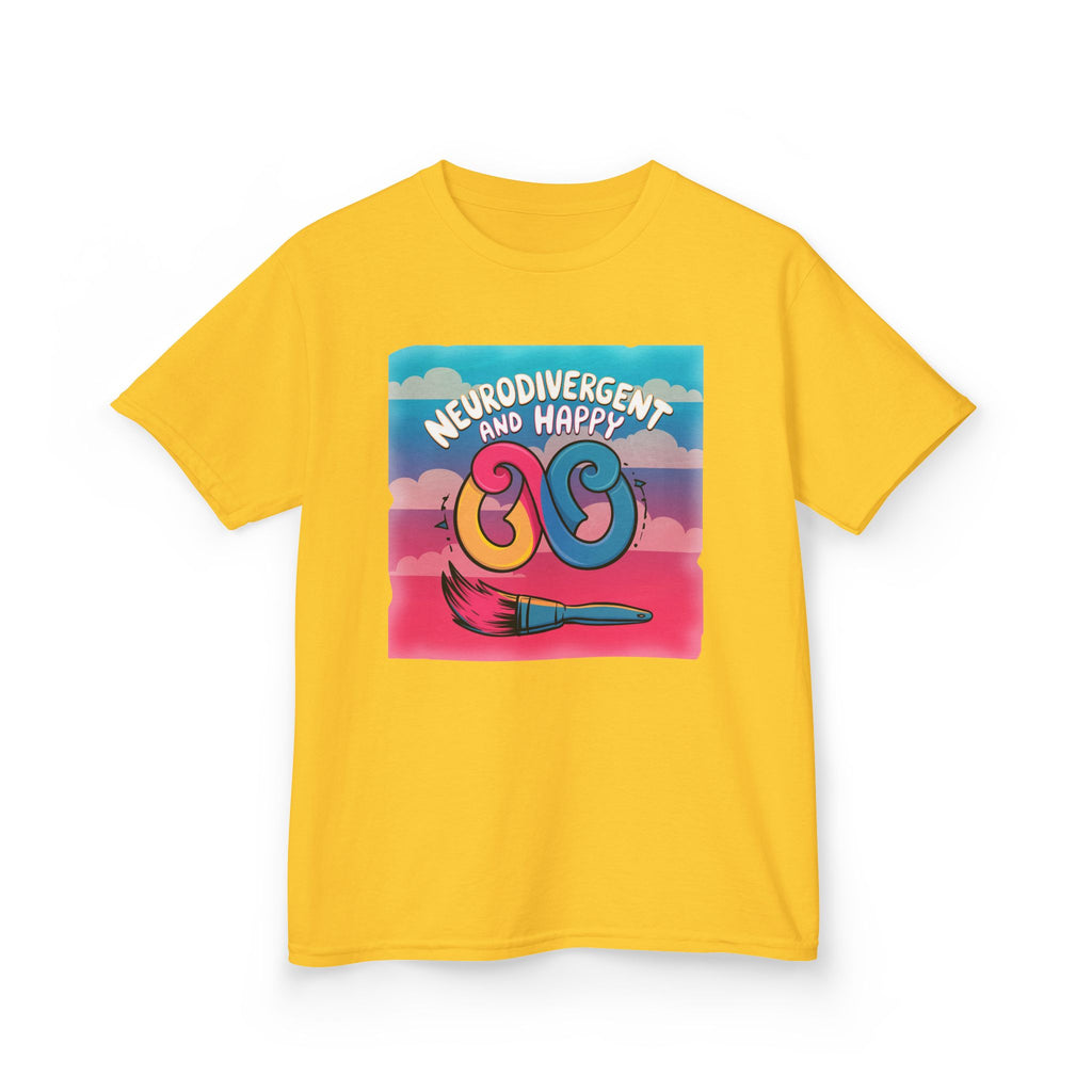 Kids Tee — "Neurodivergent and Happy" Colorful Art Brush Design