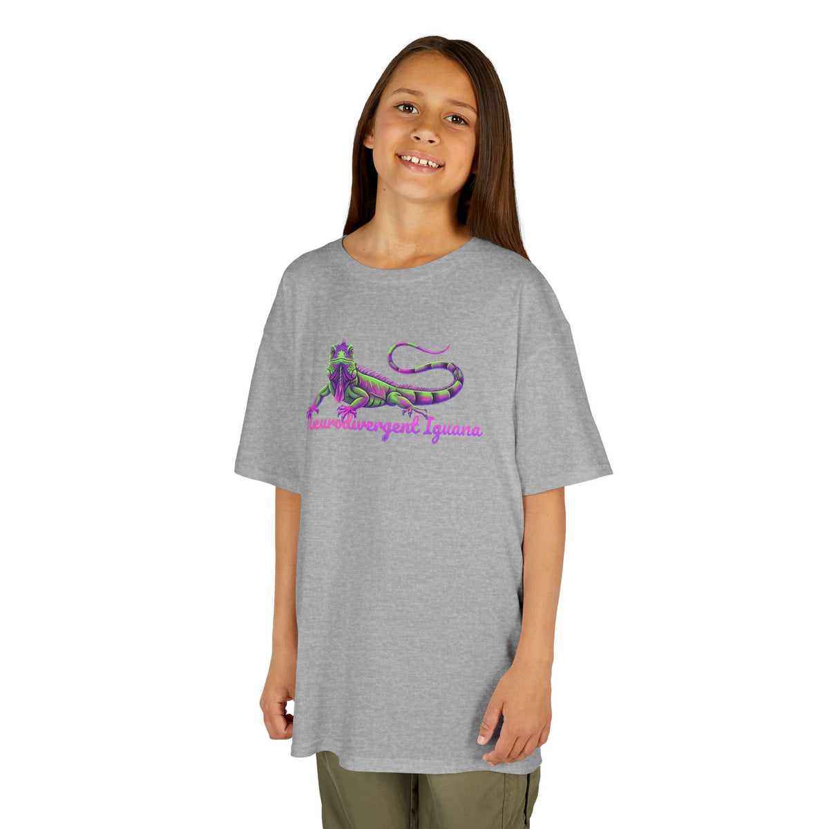 Kids Tee — Neon Green & Purple Iguana Graphic “Fluorescent Iguana”