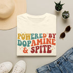 Graphic Tee — "Powered by Dopamine & Spite" Retro Colorful Quote Shirt