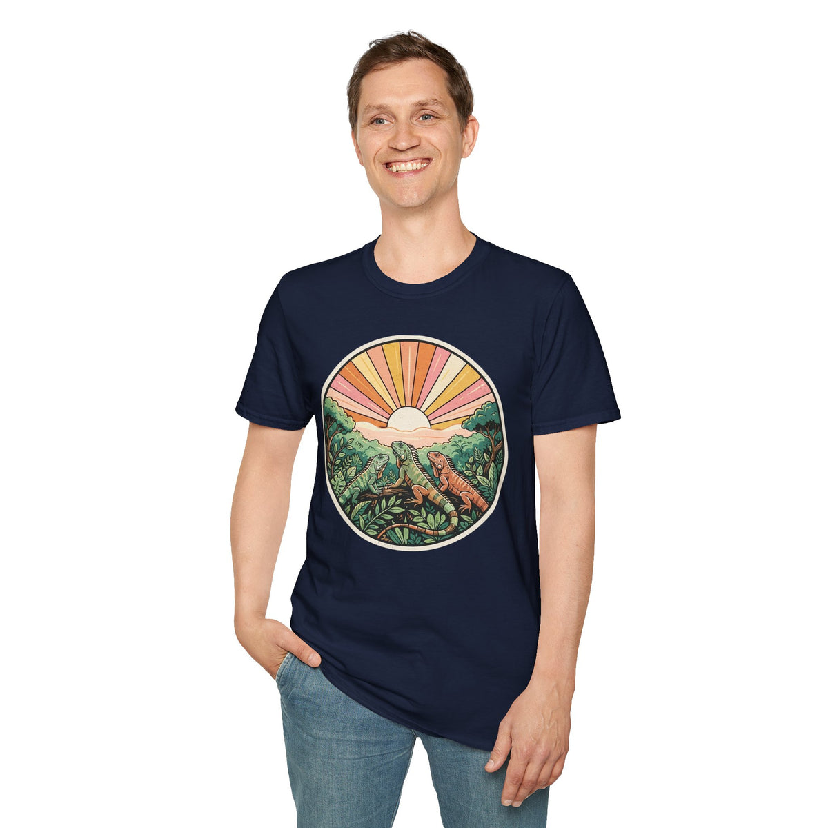 Sunrise Jungle T-Shirt — Retro Tropical Sunset Graphic Tee