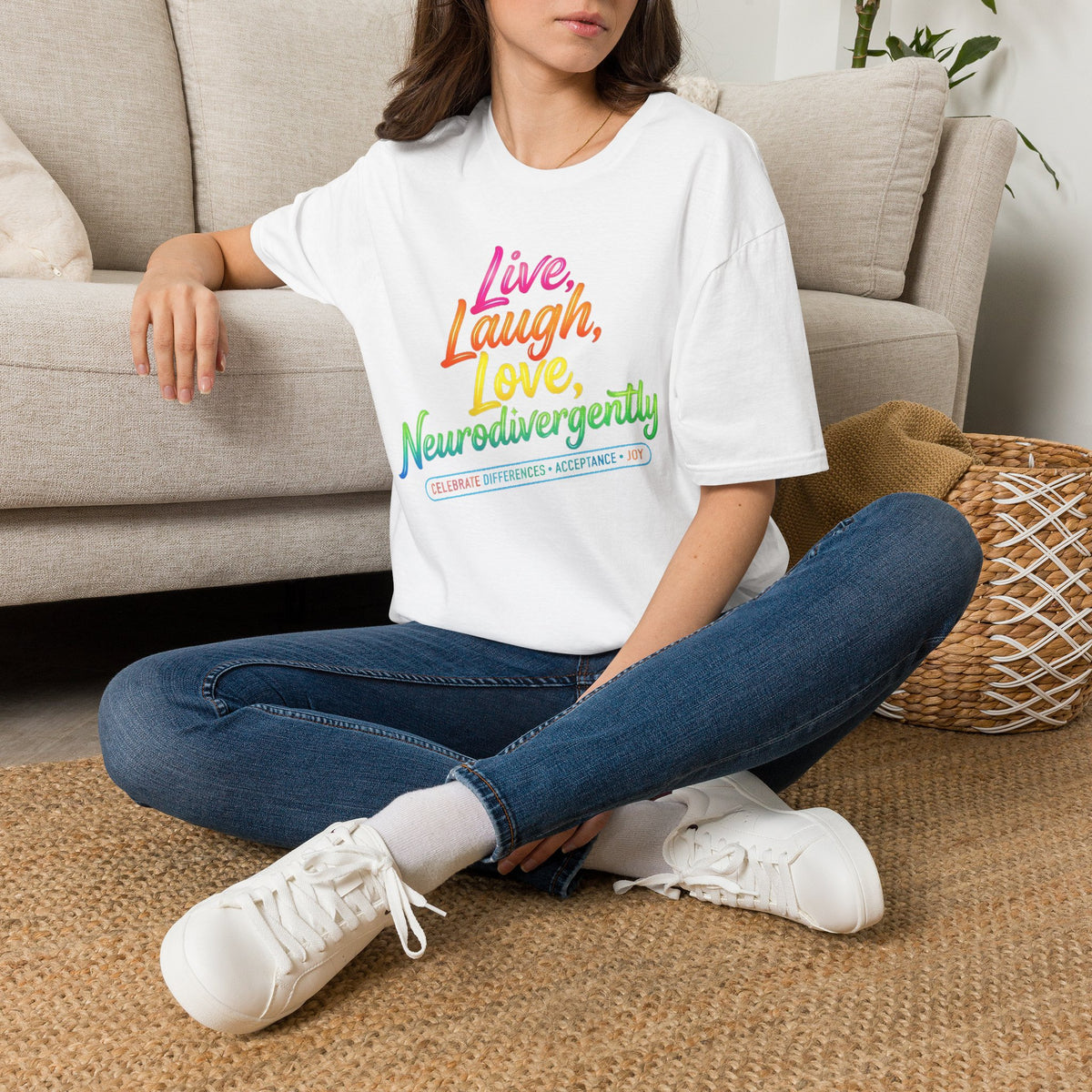 Neurodivergent Pride T-Shirt — “Live, Laugh, Love, Neurodivergently” Rainbow Tee