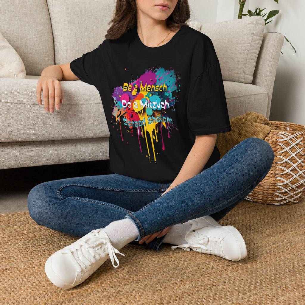 T-Shirt — Colorful "Be a Mensch, Do a Mitzvah" Splatter Tee for Jewish Celebrations