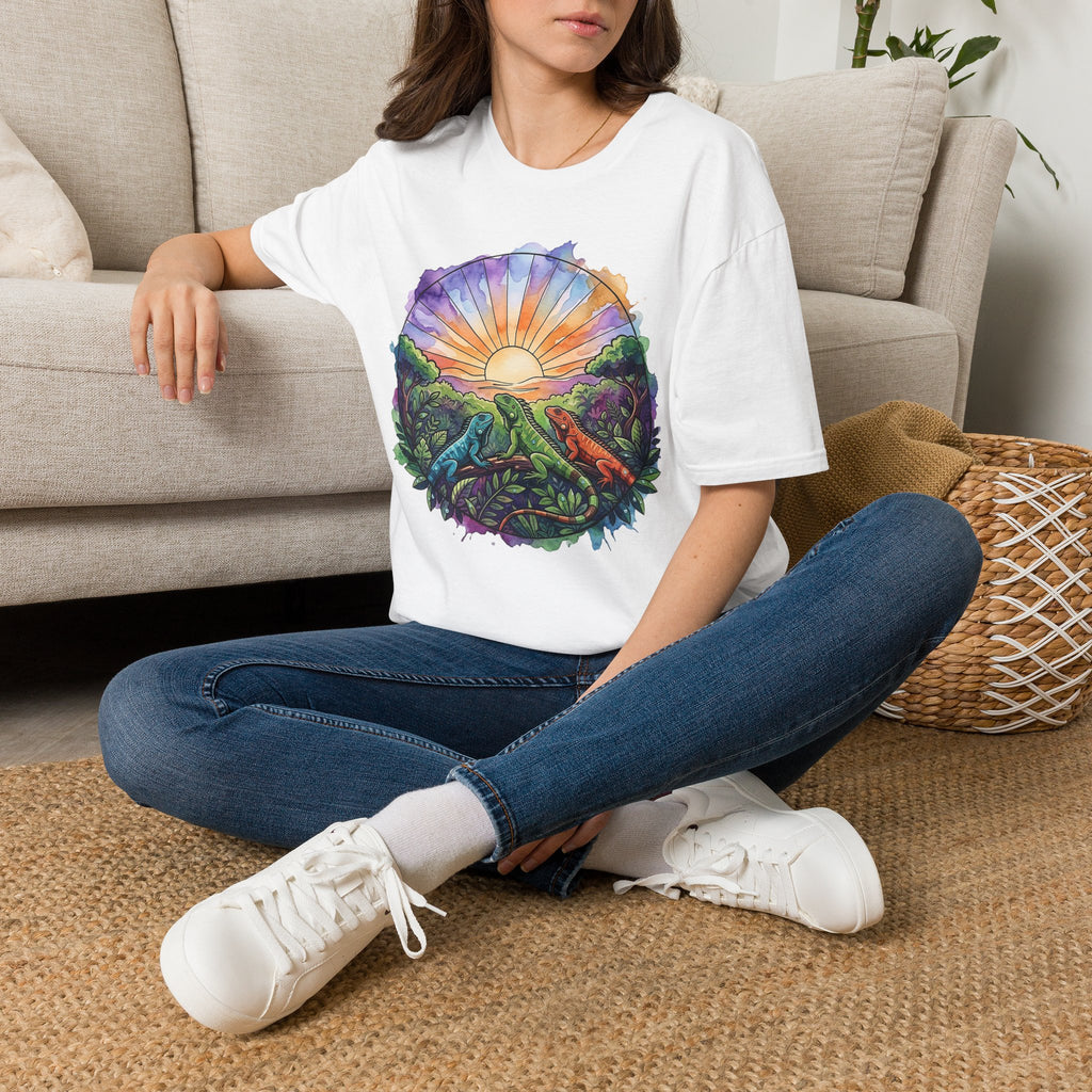 Sunrise Iguanas T-Shirt — Colorful Mountain Sunrise with Forest Trail