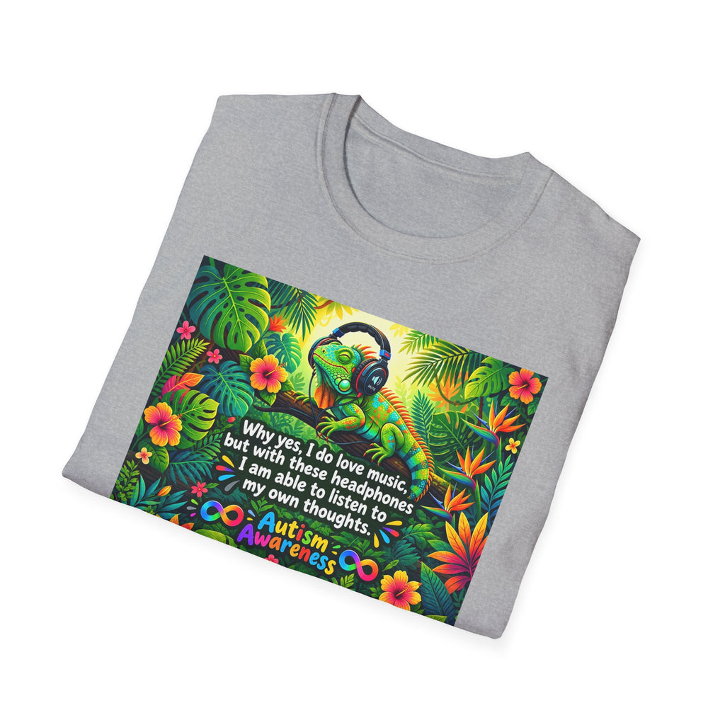 Autism Awareness T-Shirt — 'I Love Music, I Hear Headphones' Floral Design