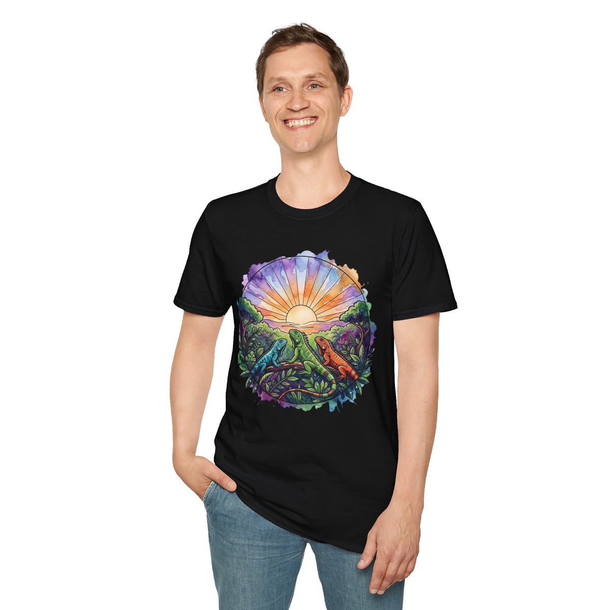 Sunrise Iguanas T-Shirt — Colorful Mountain Sunrise with Forest Trail
