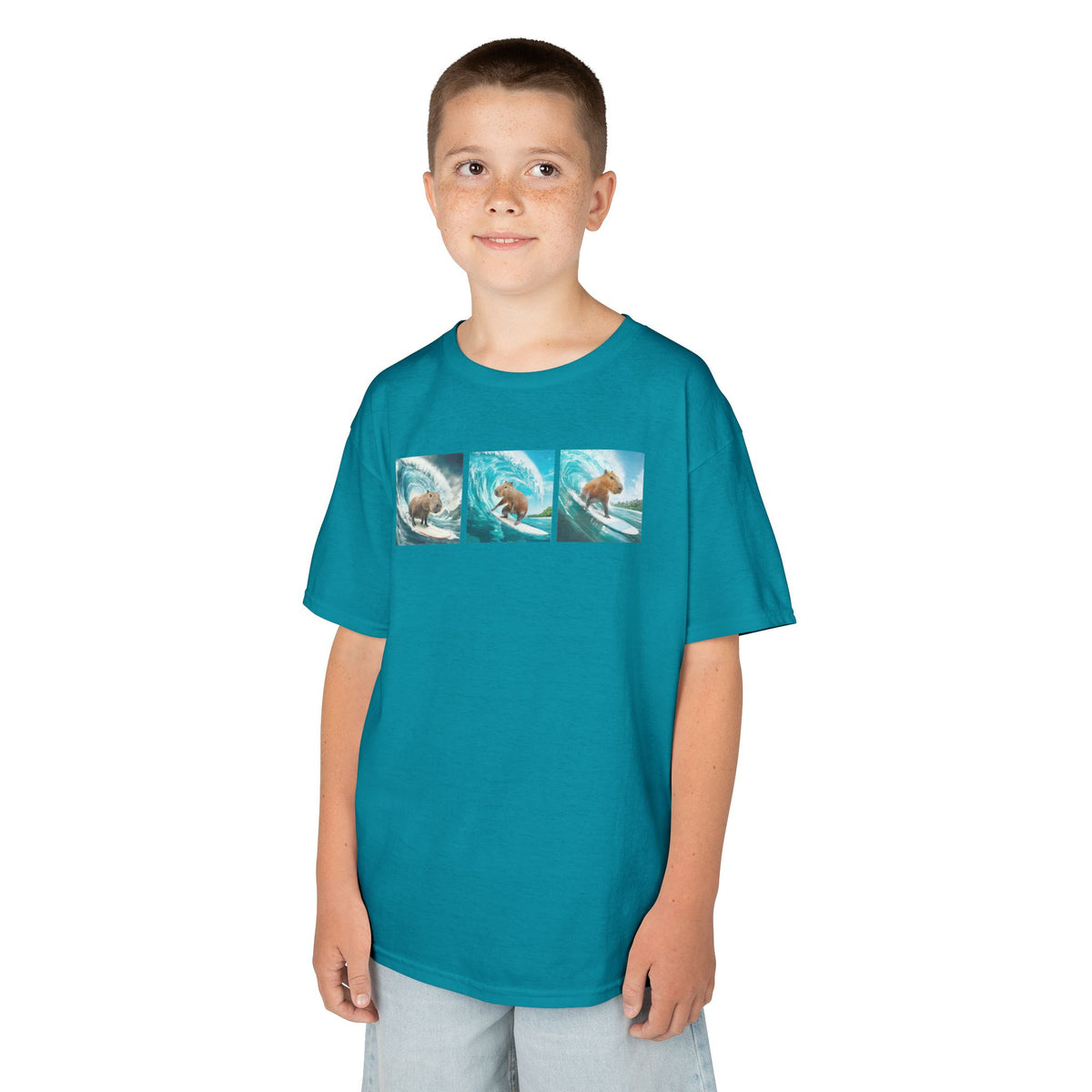 Kids Surfing Waves Tee — Triple Wave Surfboard Graphic Kids T‑Shirt