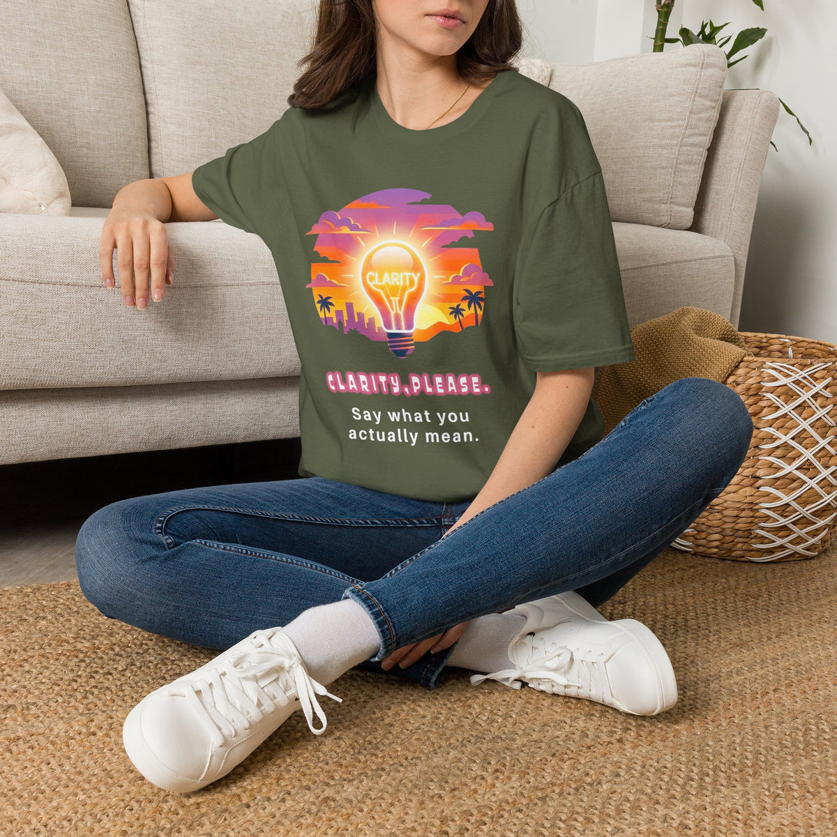 Clarity Please T-Shirt — Retro Sunset Lightbulb "Say What You Actually Mean" Graphic Tee