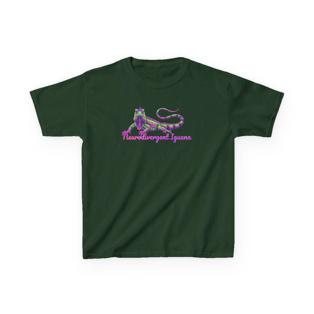Kids Tee — Neon Green & Purple Iguana Graphic “Fluorescent Iguana”