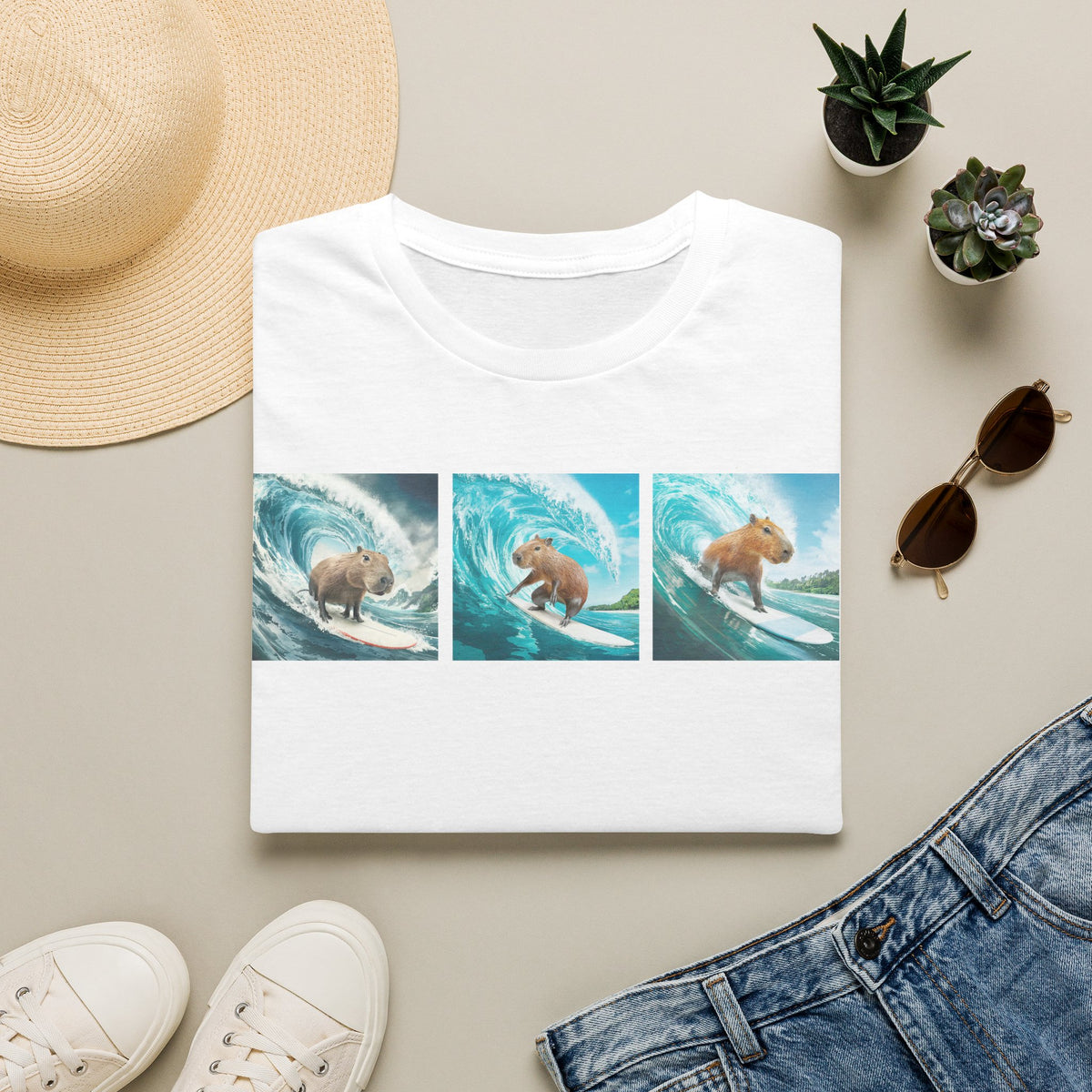 Surfing Bear T-Shirt — Vintage Triptych Wave Art Tee